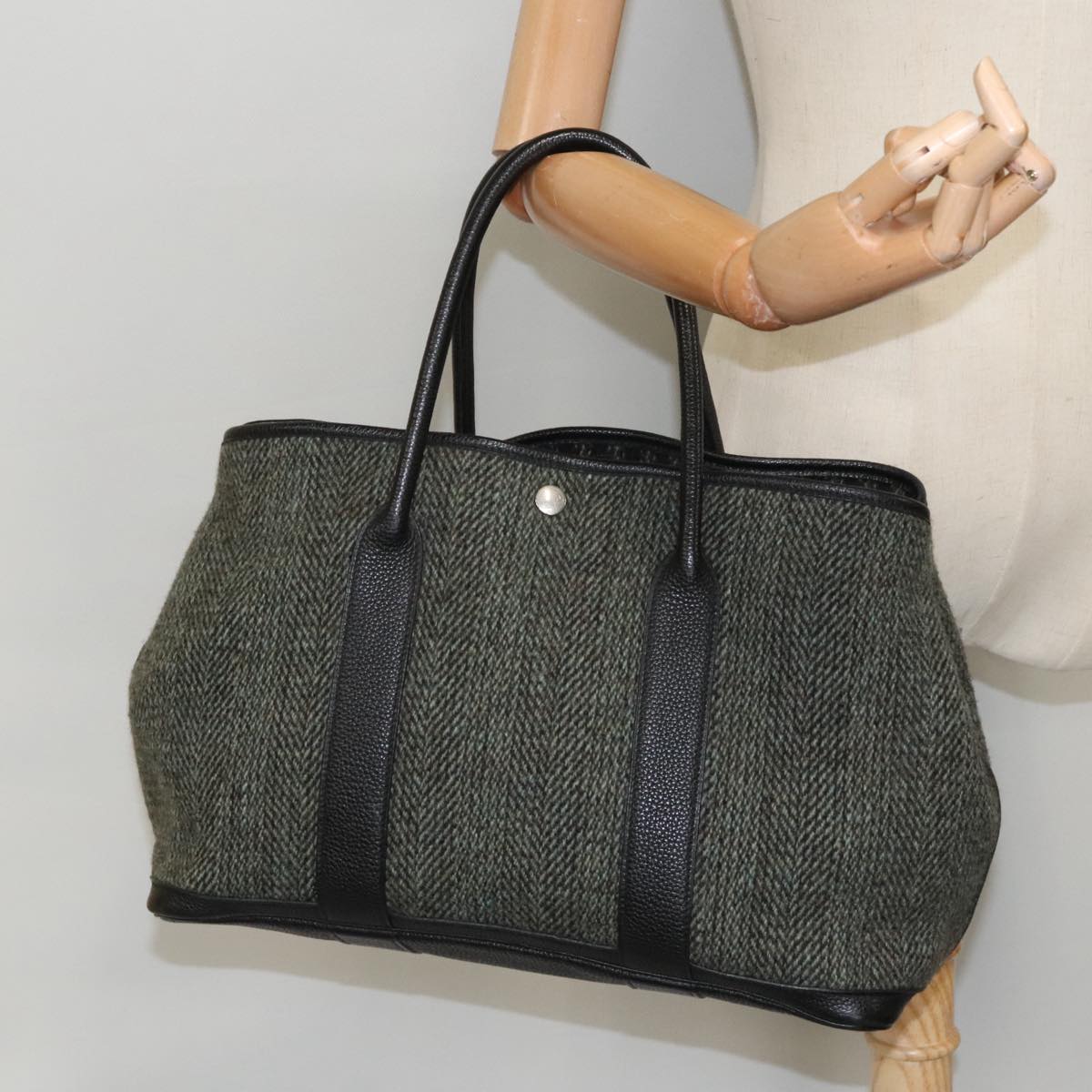 HERMES Garden Party PM Hand Bag Wool Green Silver Auth yk15660A