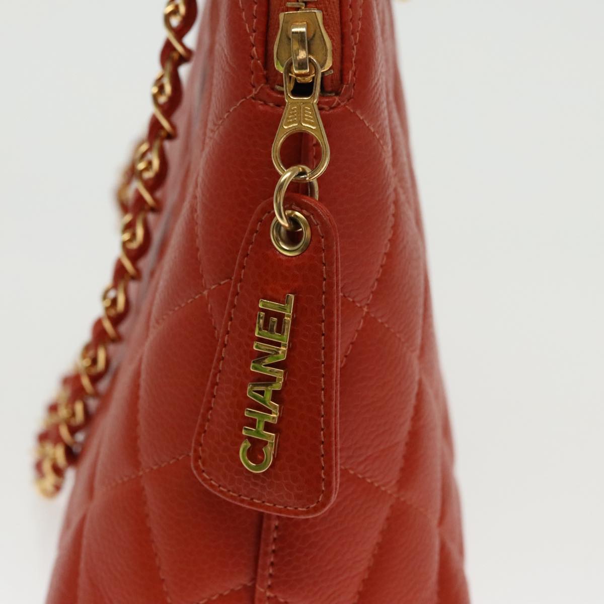 CHANEL Matelasse Chain Shoulder Bag Caviar Skin Orange Gold CC Auth yk15664V