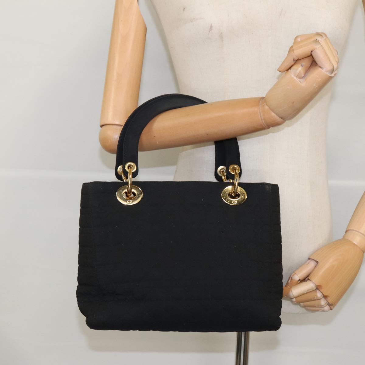 Christian Dior Canage Hand Bag Nylon Black Gold Auth yk15712