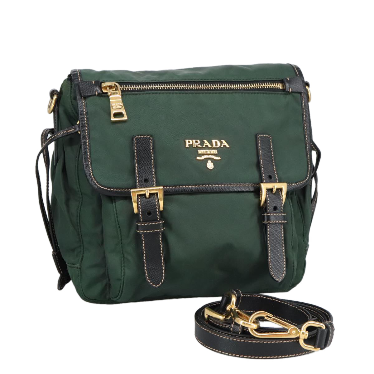 PRADA Shoulder Bag Nylon Khaki Gold Auth yk15765