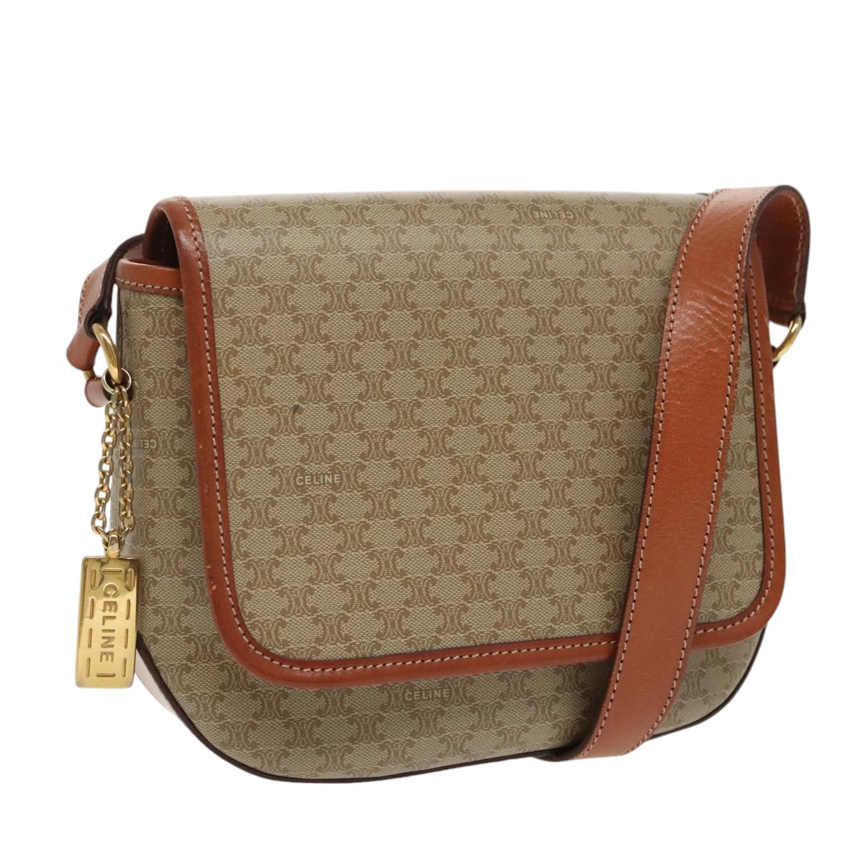 CELINE Macadam Canvas Shoulder Bag Beige Gold Auth yk15766