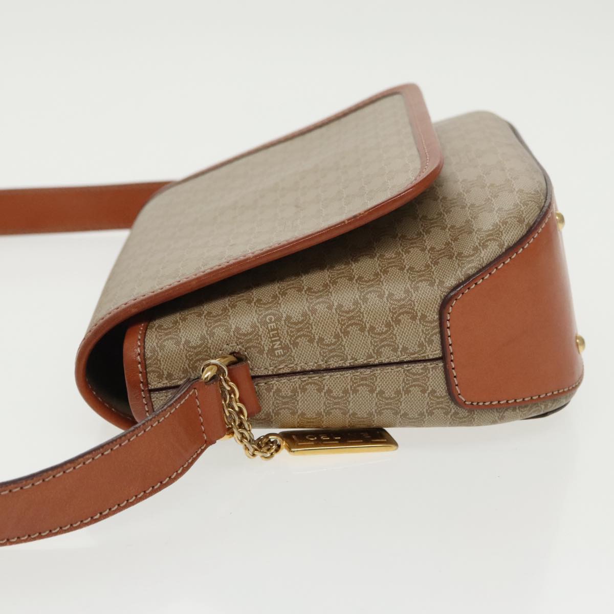 CELINE Macadam Canvas Shoulder Bag Beige Gold Auth yk15766