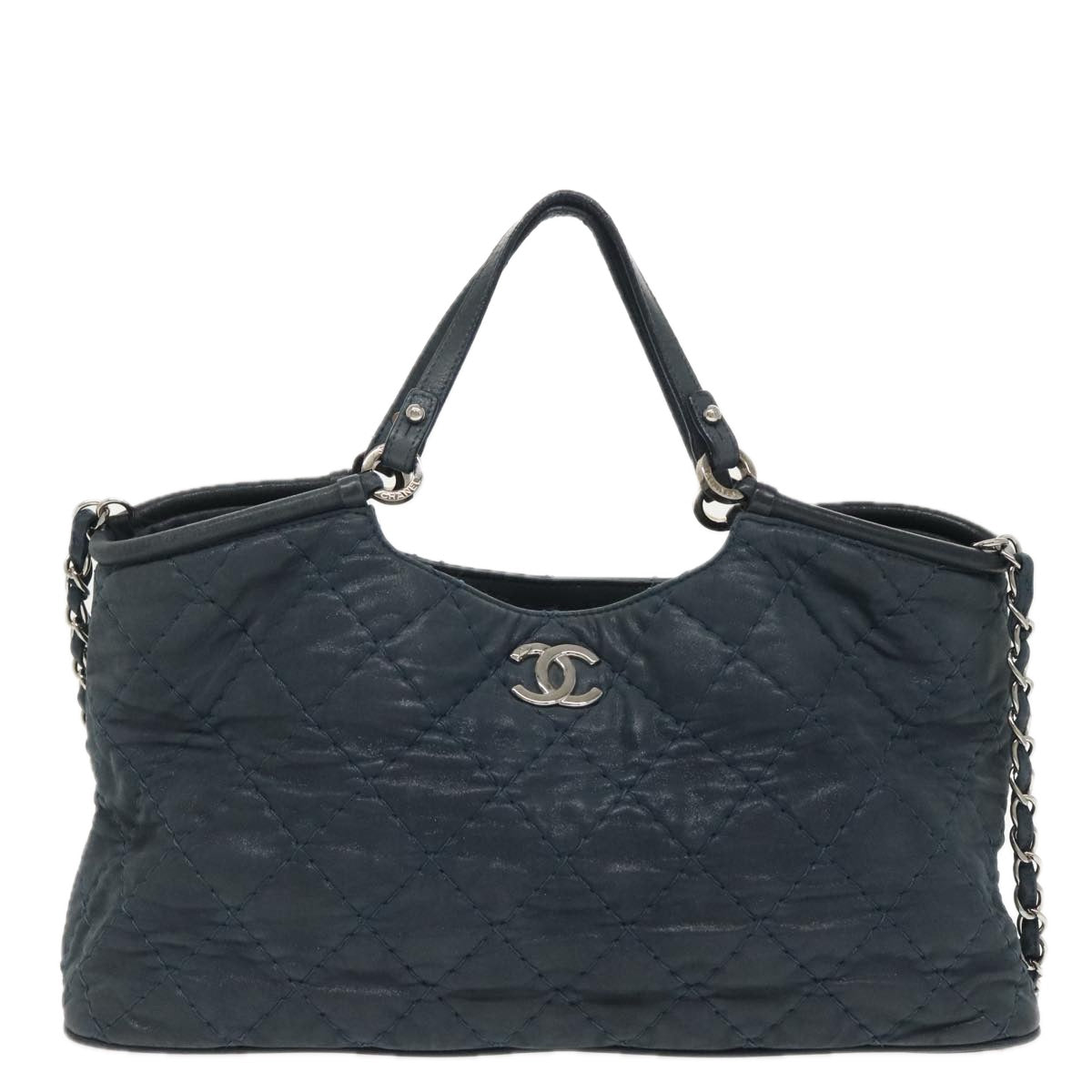 CHANEL Matelasse Chain Shoulder Bag Leather Navy Silver CC Auth yk15839