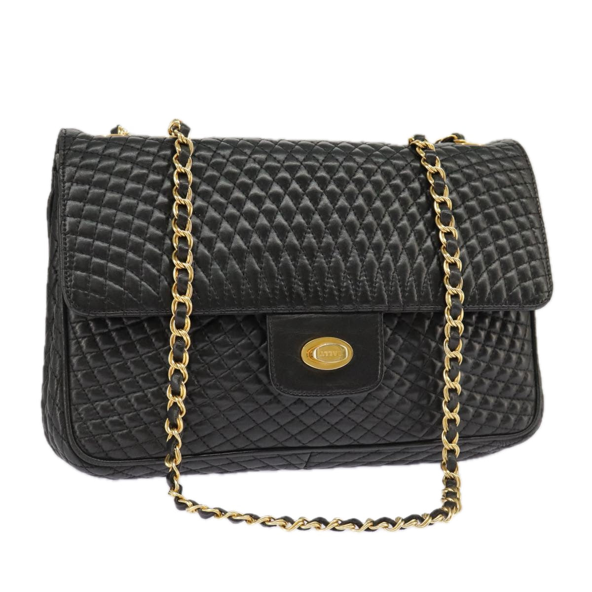 BALLY Chain Shoulder Bag Leather Black Gold Auth yk15879