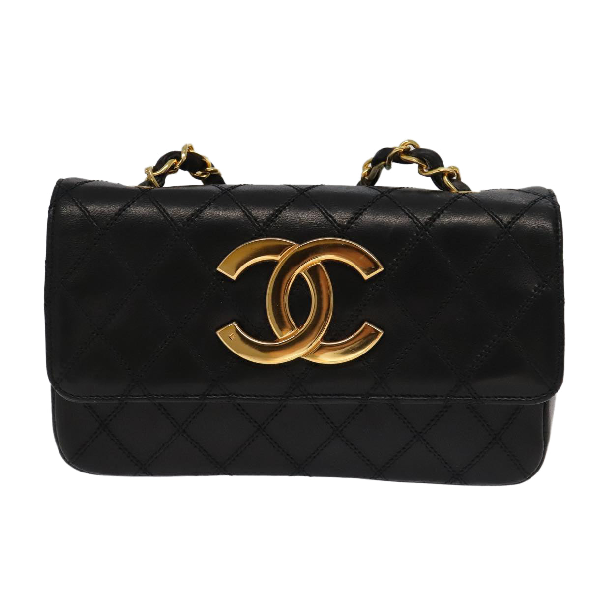 CHANEL Bicolore Chain Deca COCO Mark Bag Lamb Skin Black CC Auth yk15897