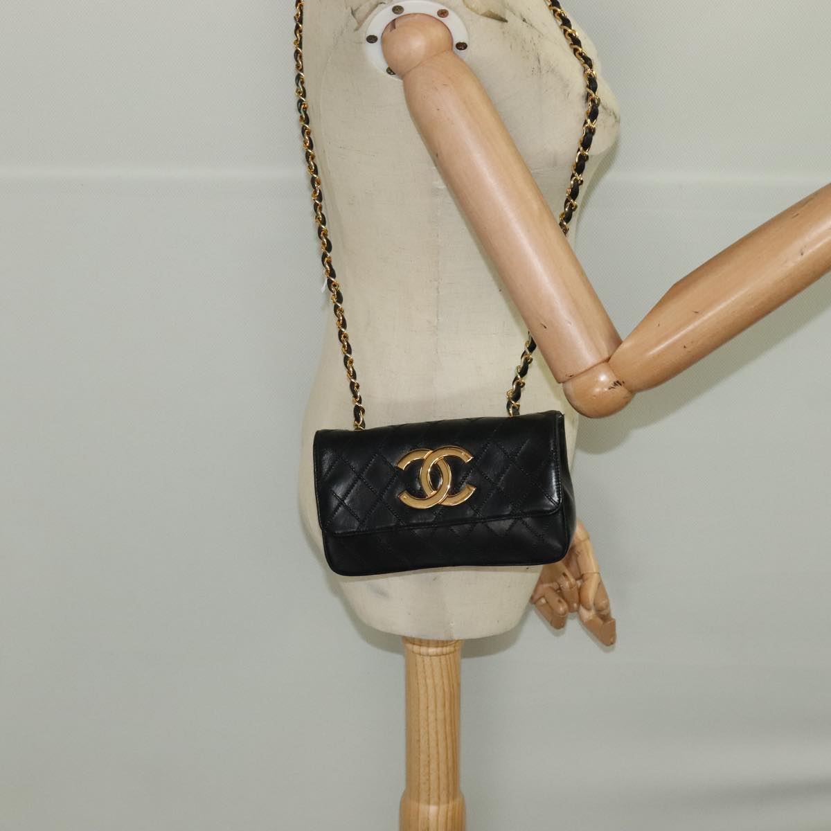 CHANEL Bicolore Chain Deca COCO Mark Bag Lamb Skin Black CC Auth yk15897