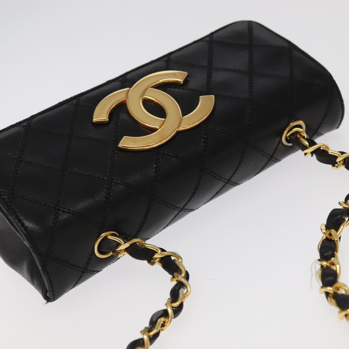 CHANEL Bicolore Chain Deca COCO Mark Bag Lamb Skin Black CC Auth yk15897