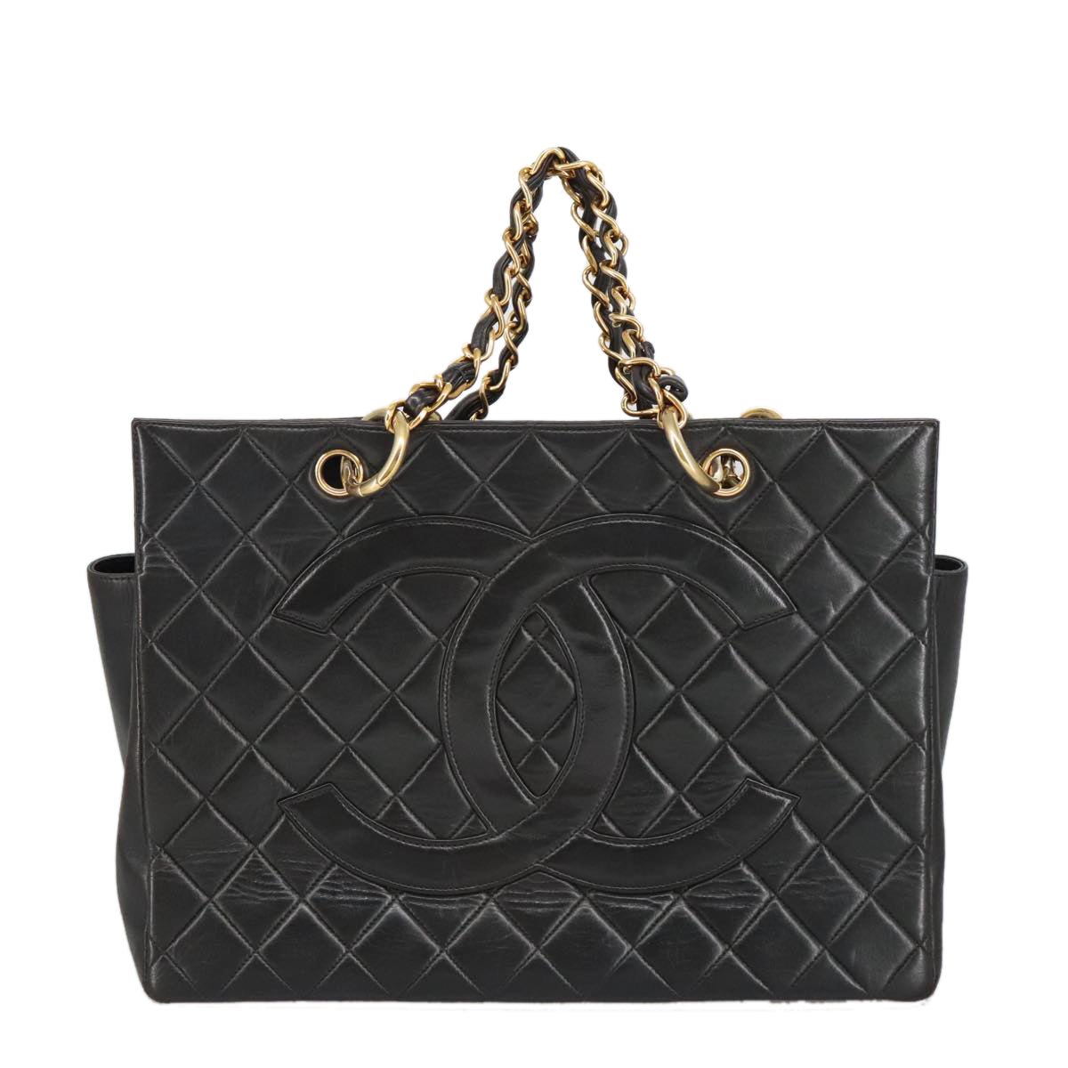 CHANEL Matelasse Chain Hand Bag Lamb Skin Black Gold CC Auth yk15908V