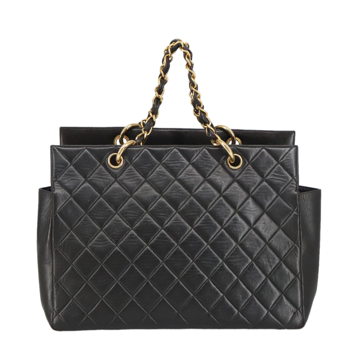 CHANEL Matelasse Chain Hand Bag Lamb Skin Black Gold CC Auth yk15908A