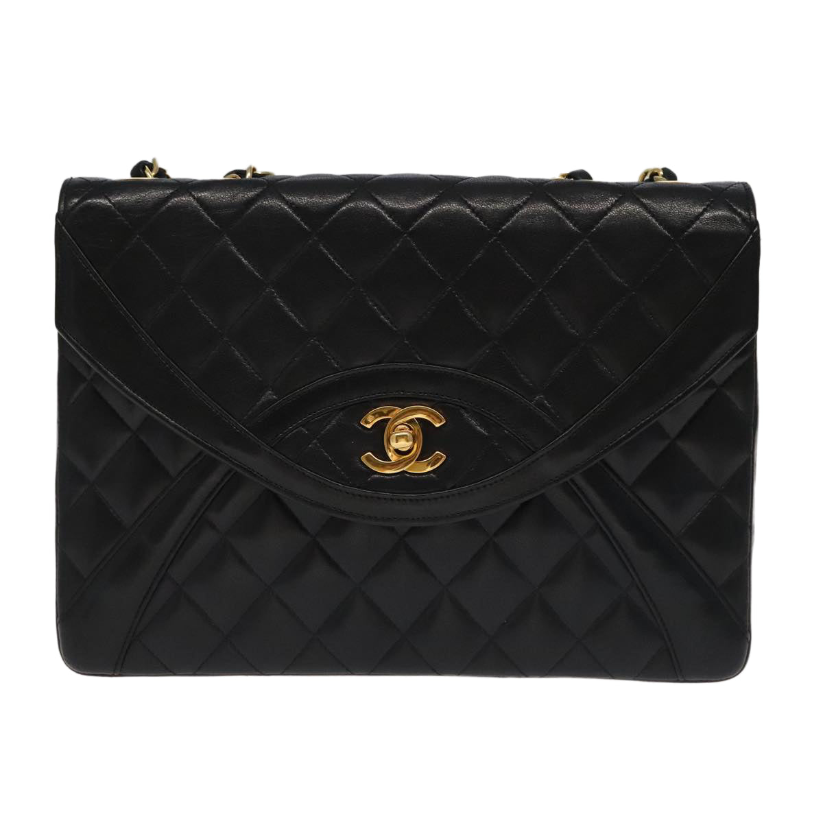 CHANEL Matelasse Chain Hand Bag Lamb Skin Black Gold CC Auth yk15914A