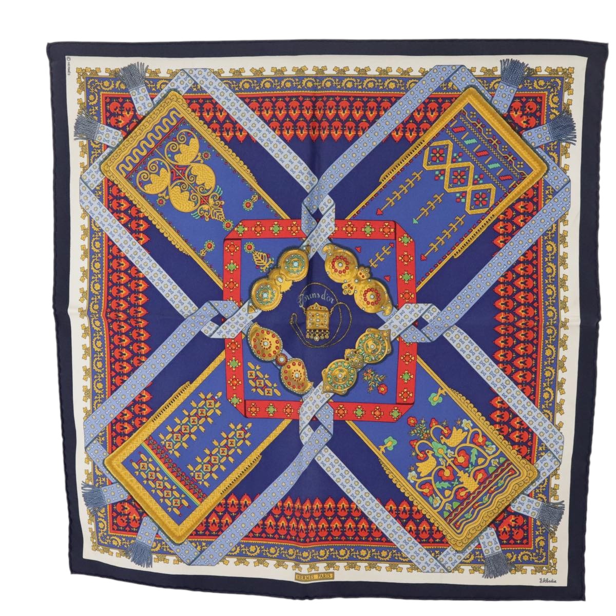 HERMES Petit curry Scarf ""Brins d’or"" Silk Blue Red Auth yk15959