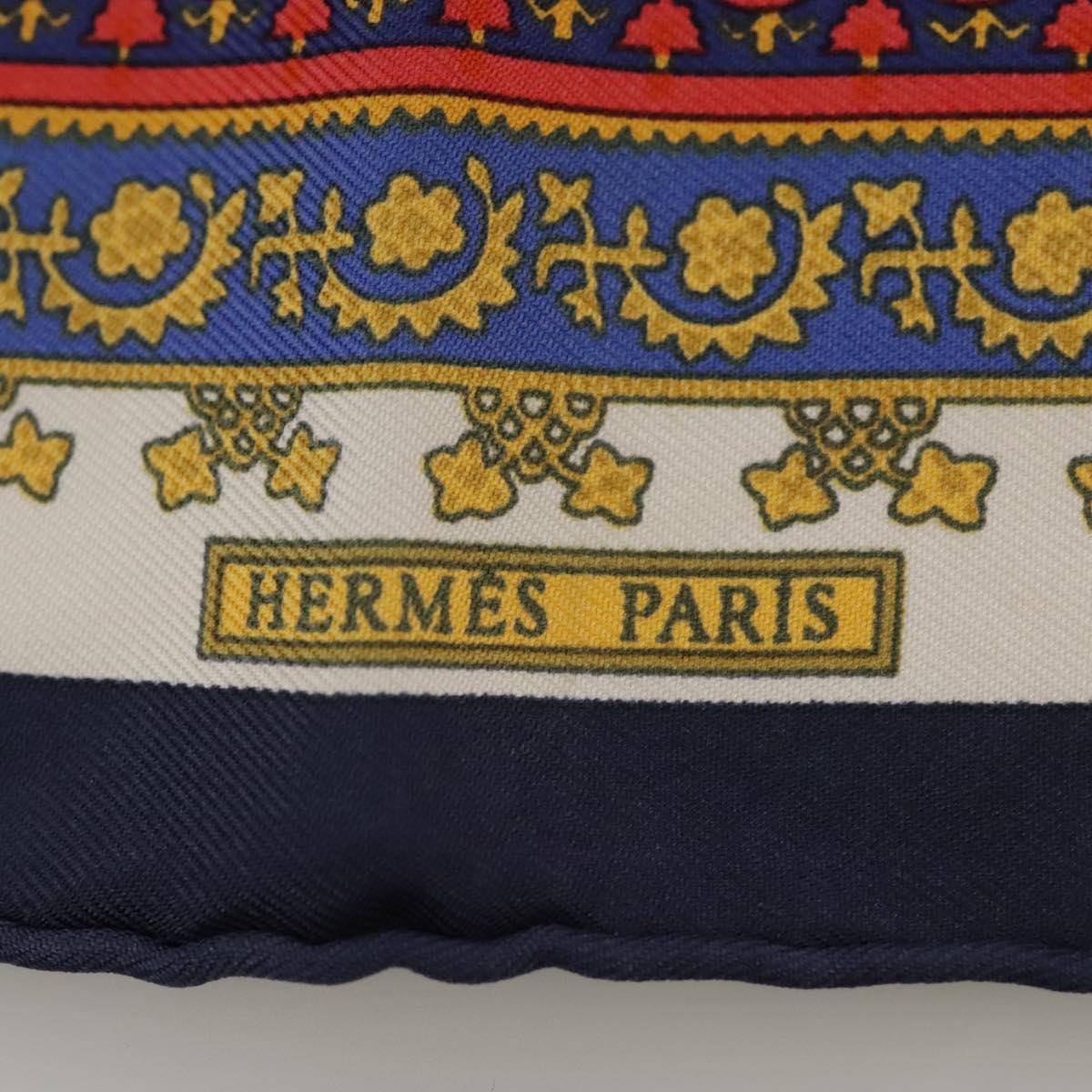 HERMES Petit curry Scarf ""Brins d’or"" Silk Blue Red Auth yk15959