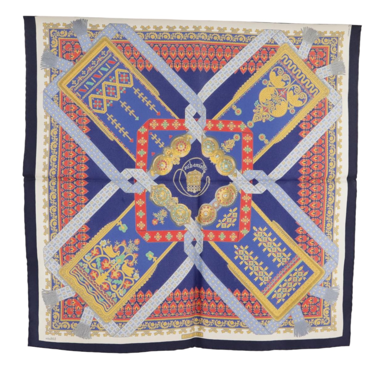 HERMES Petit curry Scarf ""Brins d’or"" Silk Blue Red Auth yk15959