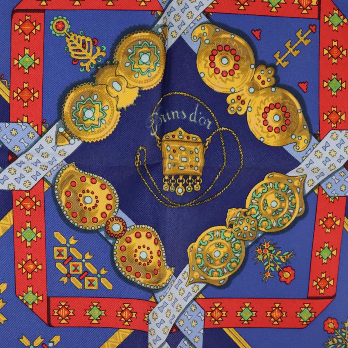 HERMES Petit curry Scarf ""Brins d’or"" Silk Blue Red Auth yk15959