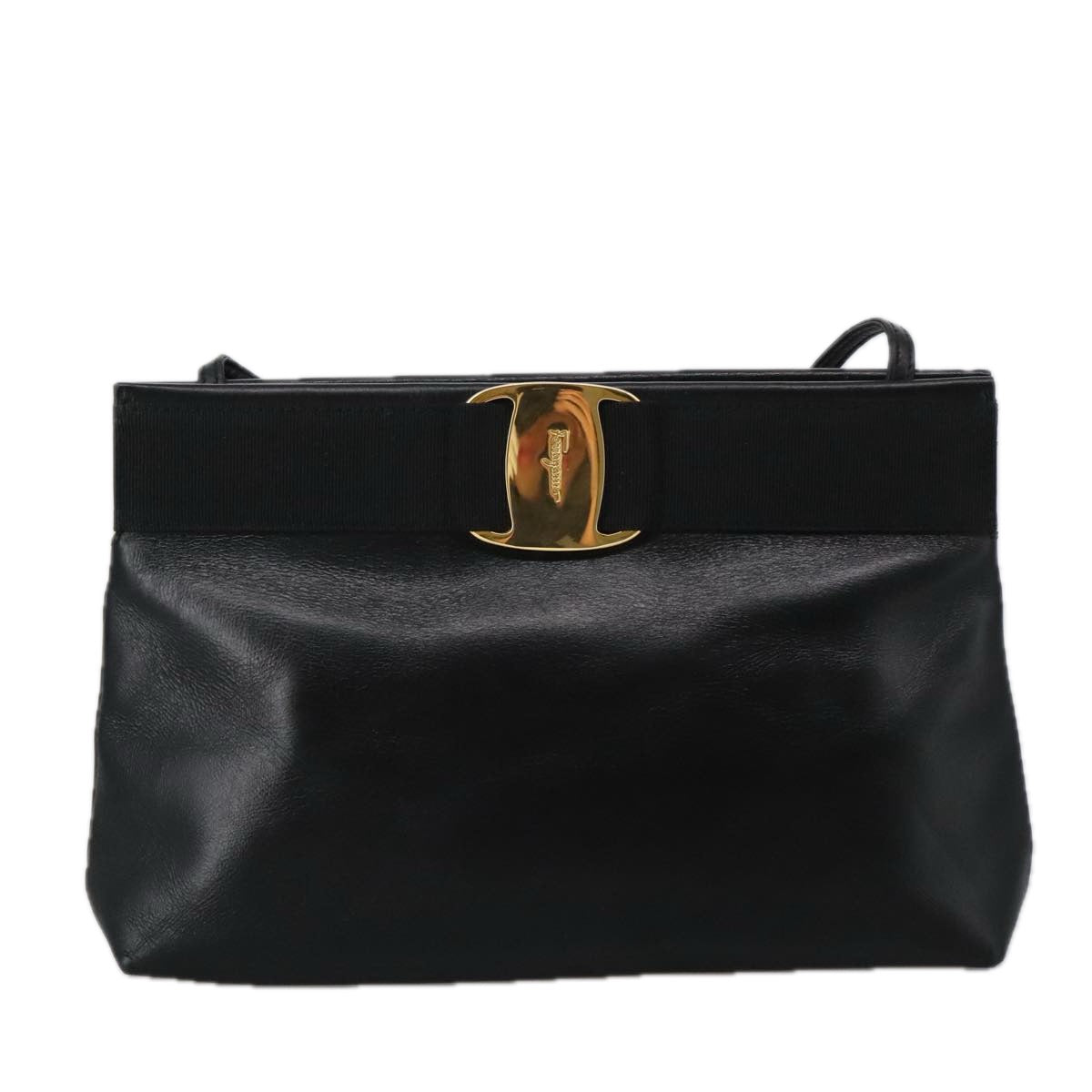 Salvatore Ferragamo Shoulder Bag Leather Black Gold Auth yk15984