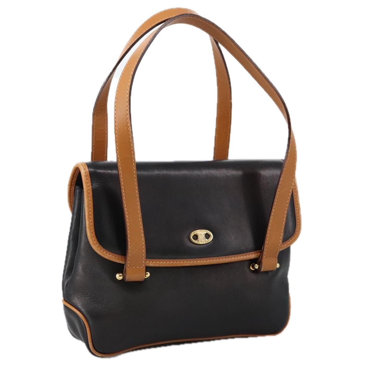 CELINE Hand Bag Leather Black Brown Gold Auth yk15986