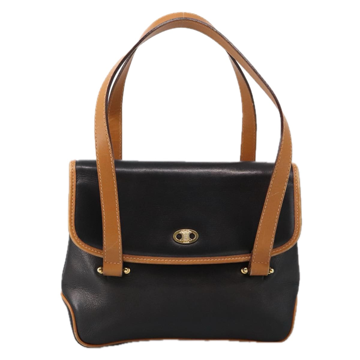 CELINE Hand Bag Leather Black Brown Gold Auth yk15986