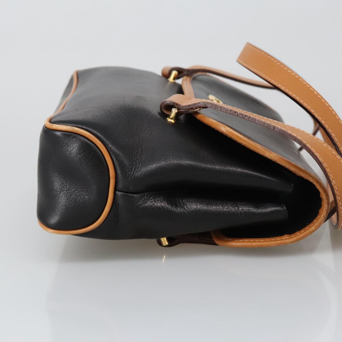 CELINE Hand Bag Leather Black Brown Gold Auth yk15986