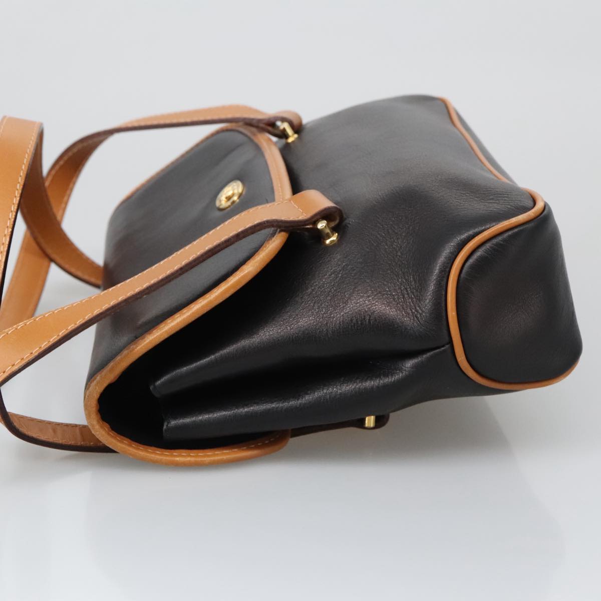 CELINE Hand Bag Leather Black Brown Gold Auth yk15986