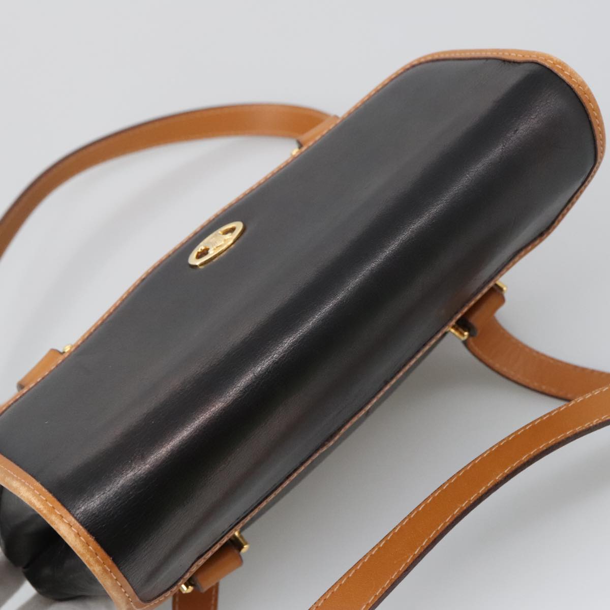 CELINE Hand Bag Leather Black Brown Gold Auth yk15986