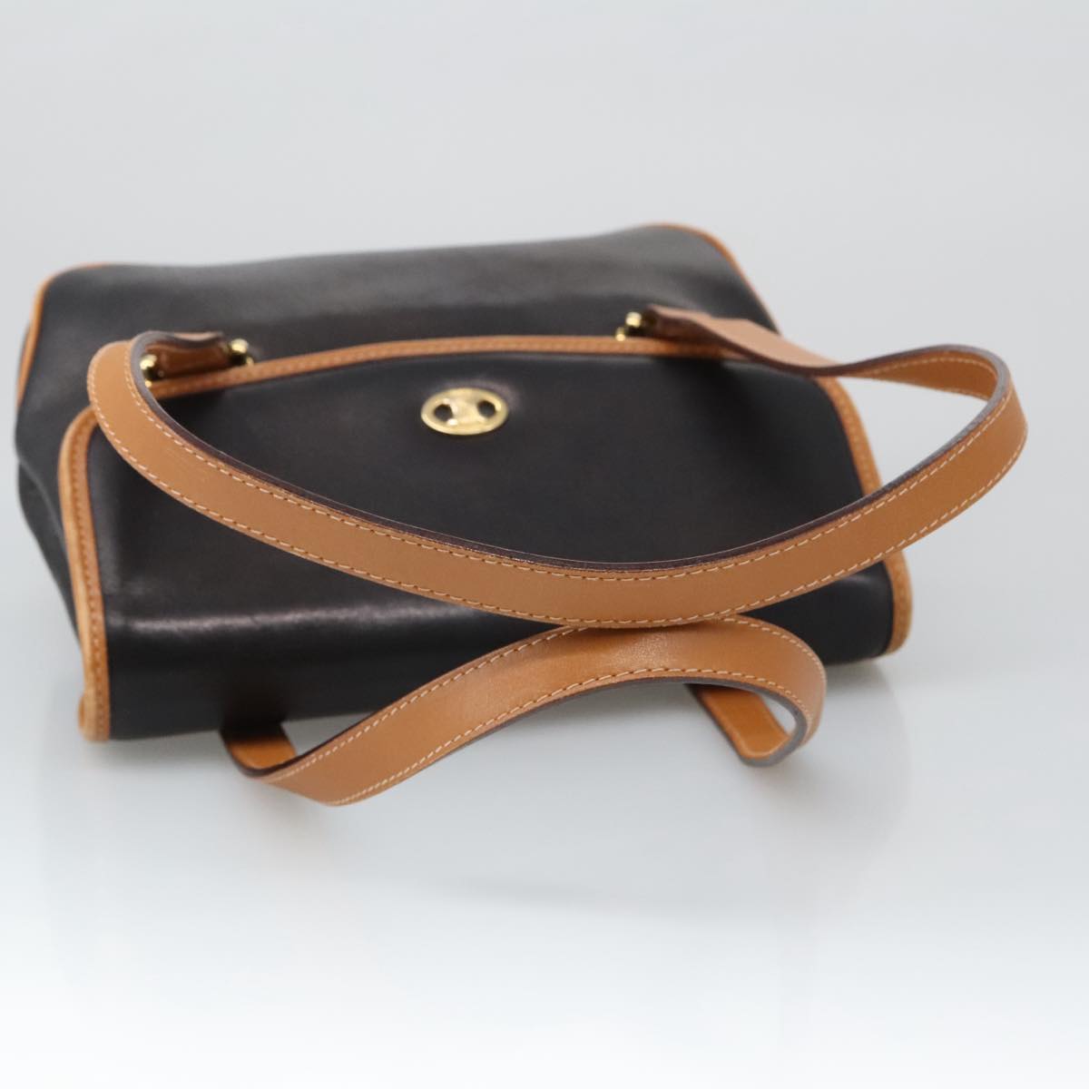 CELINE Hand Bag Leather Black Brown Gold Auth yk15986