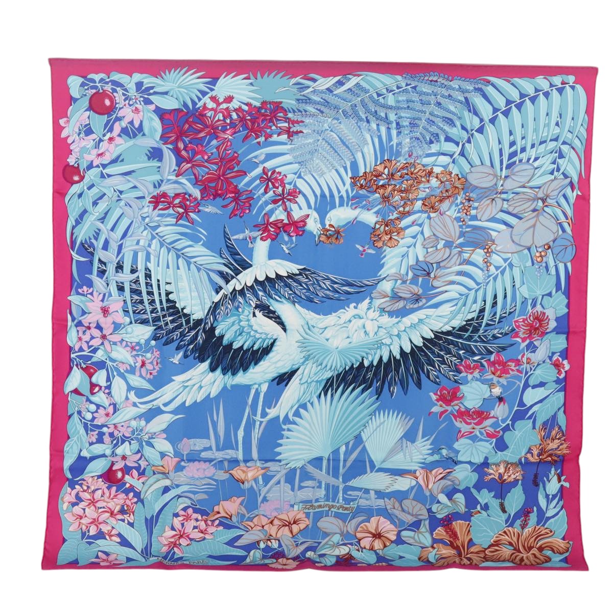 HERMES Carre 90 Scarf ""FLAMINGO PARTY"" Silk Pink Blue Auth yk15992