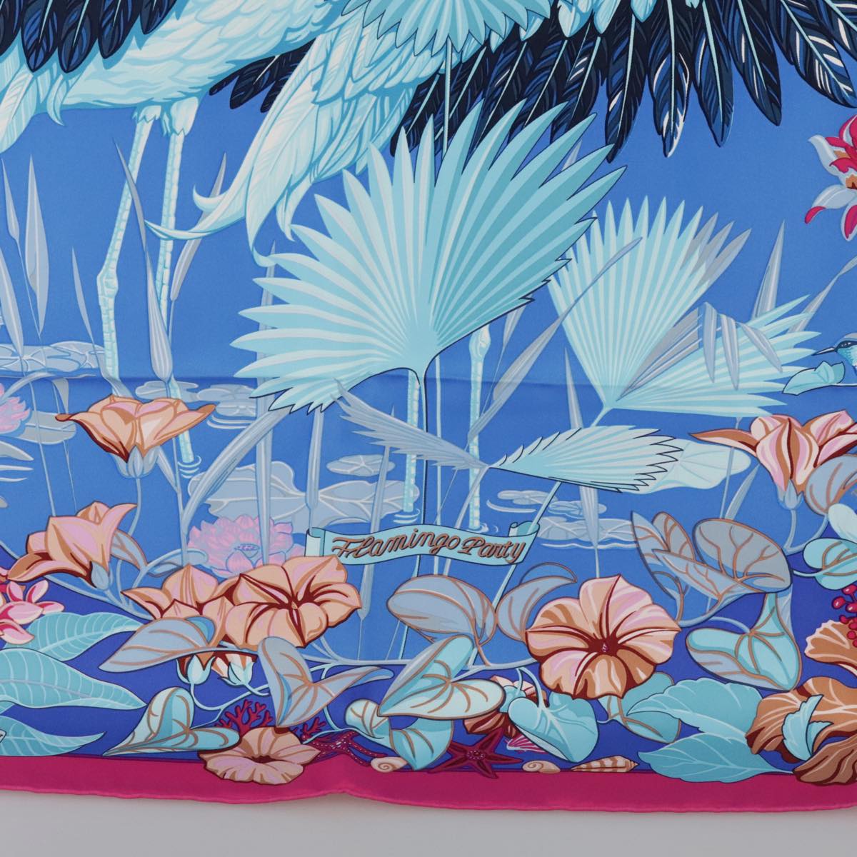 HERMES Carre 90 Scarf ""FLAMINGO PARTY"" Silk Pink Blue Auth yk15992