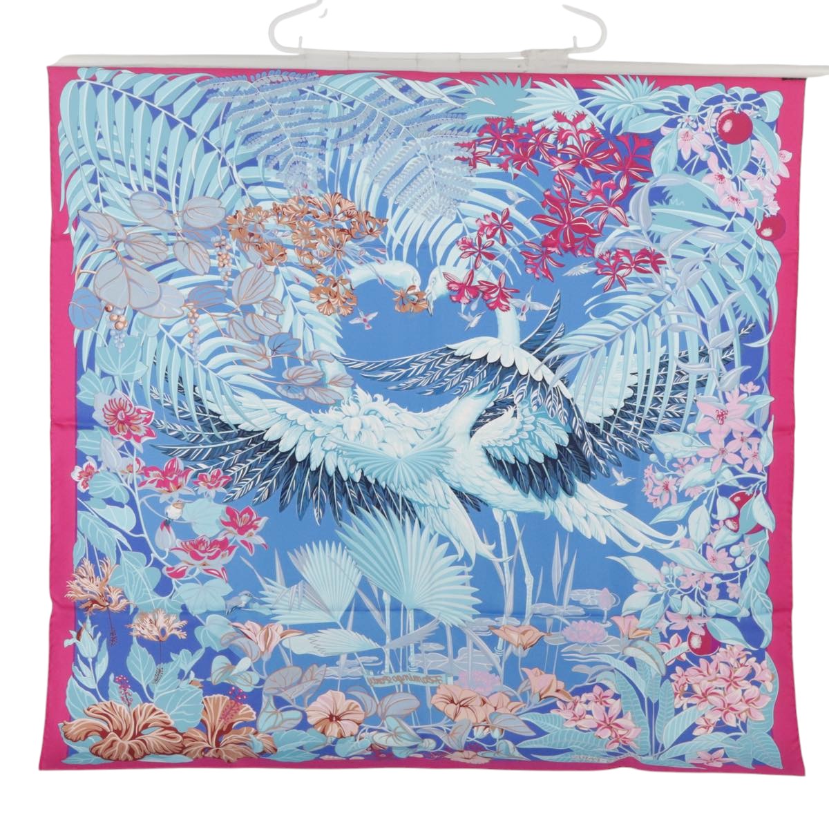 HERMES Carre 90 Scarf ""FLAMINGO PARTY"" Silk Pink Blue Auth yk15992