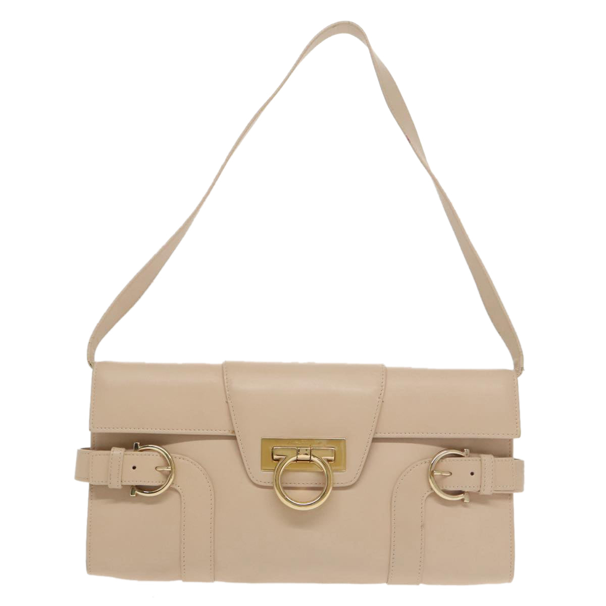 Salvatore Ferragamo Gancini Shoulder Bag Leather Beige Gold Auth yk16018