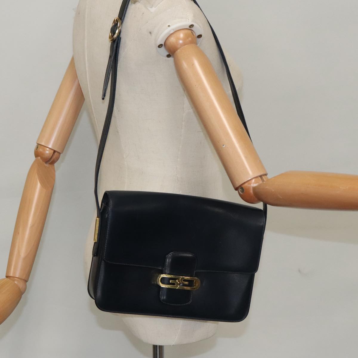 GUCCI Shoulder Bag Leather Navy Gold Auth yk16077