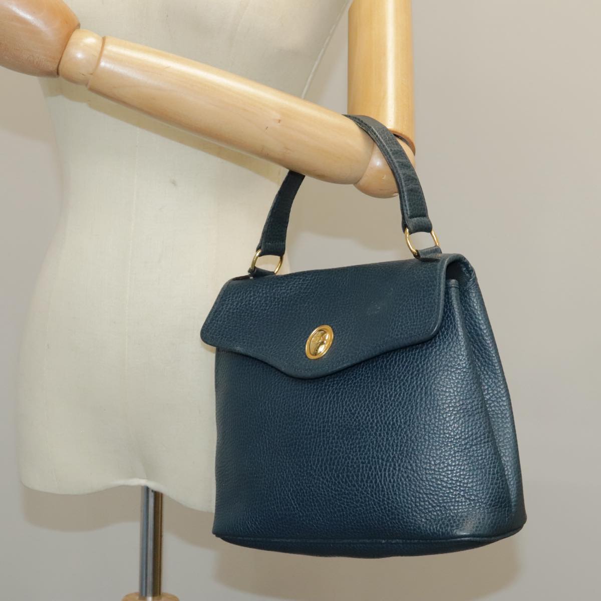 Christian Dior Hand Bag Leather Navy Gold Auth yk16078