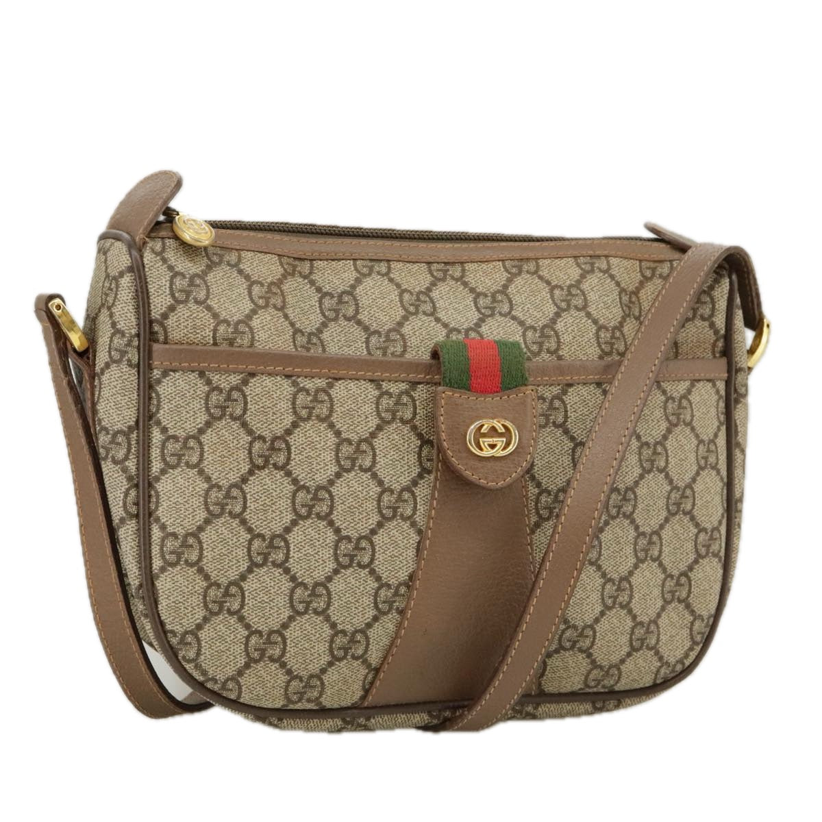 GUCCI GG Supreme Web Sherry Line Shoulder Bag PVC Beige Green Red Auth yk16079