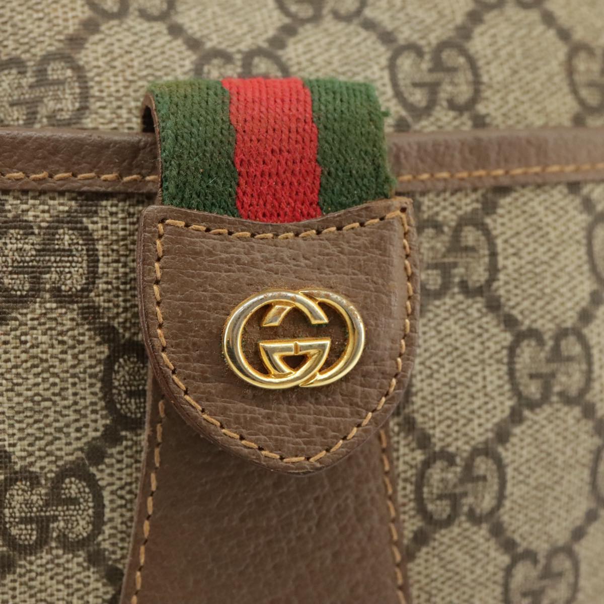 GUCCI GG Supreme Web Sherry Line Shoulder Bag PVC Beige Green Red Auth yk16079