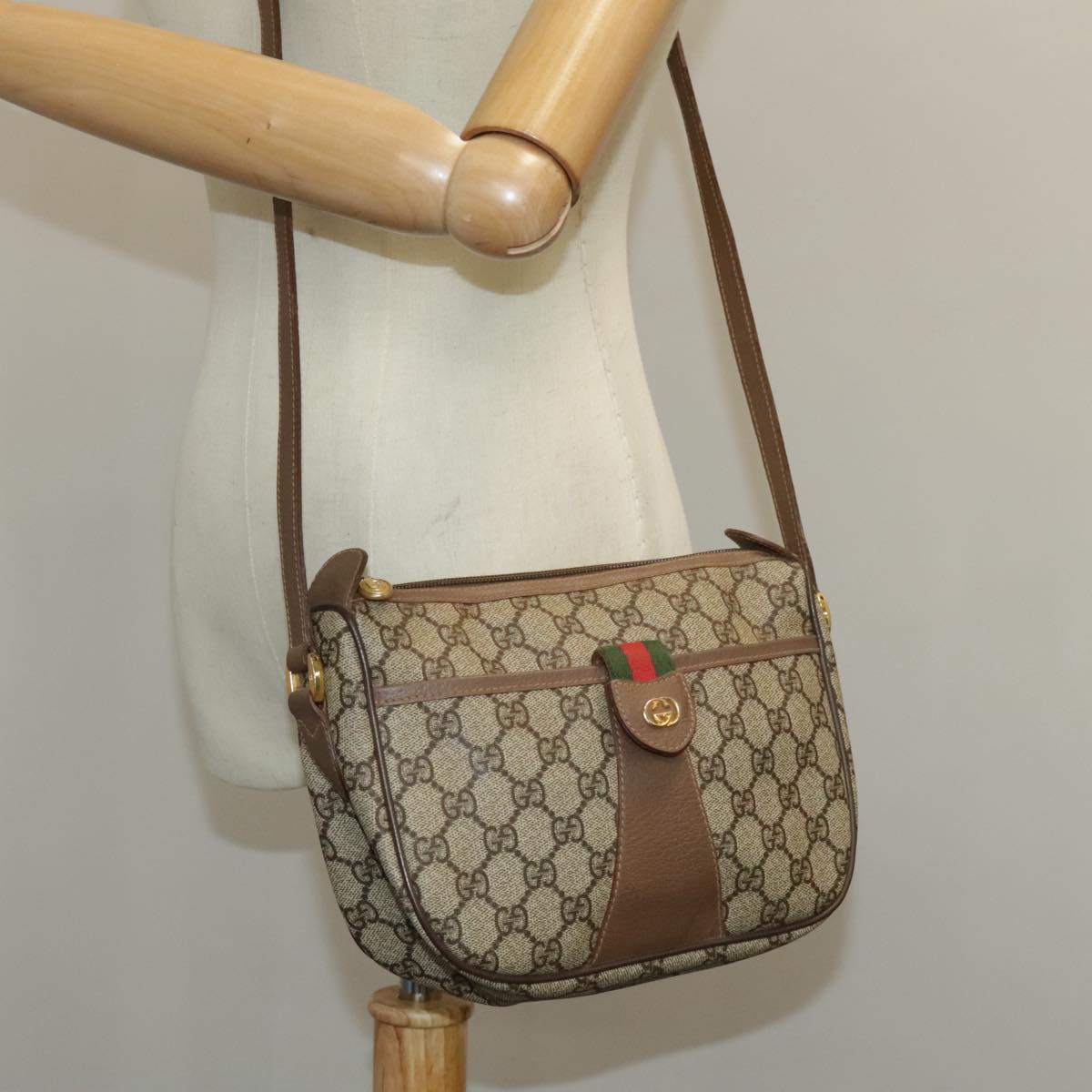 GUCCI GG Supreme Web Sherry Line Shoulder Bag PVC Beige Green Red Auth yk16079