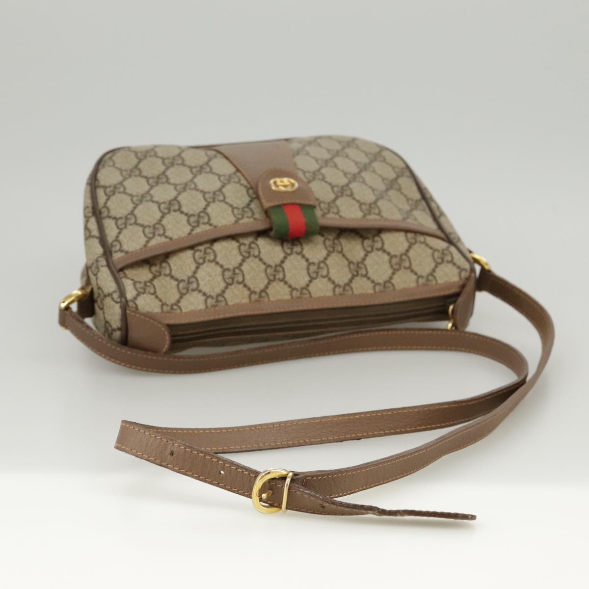 GUCCI GG Supreme Web Sherry Line Shoulder Bag PVC Beige Green Red Auth yk16079