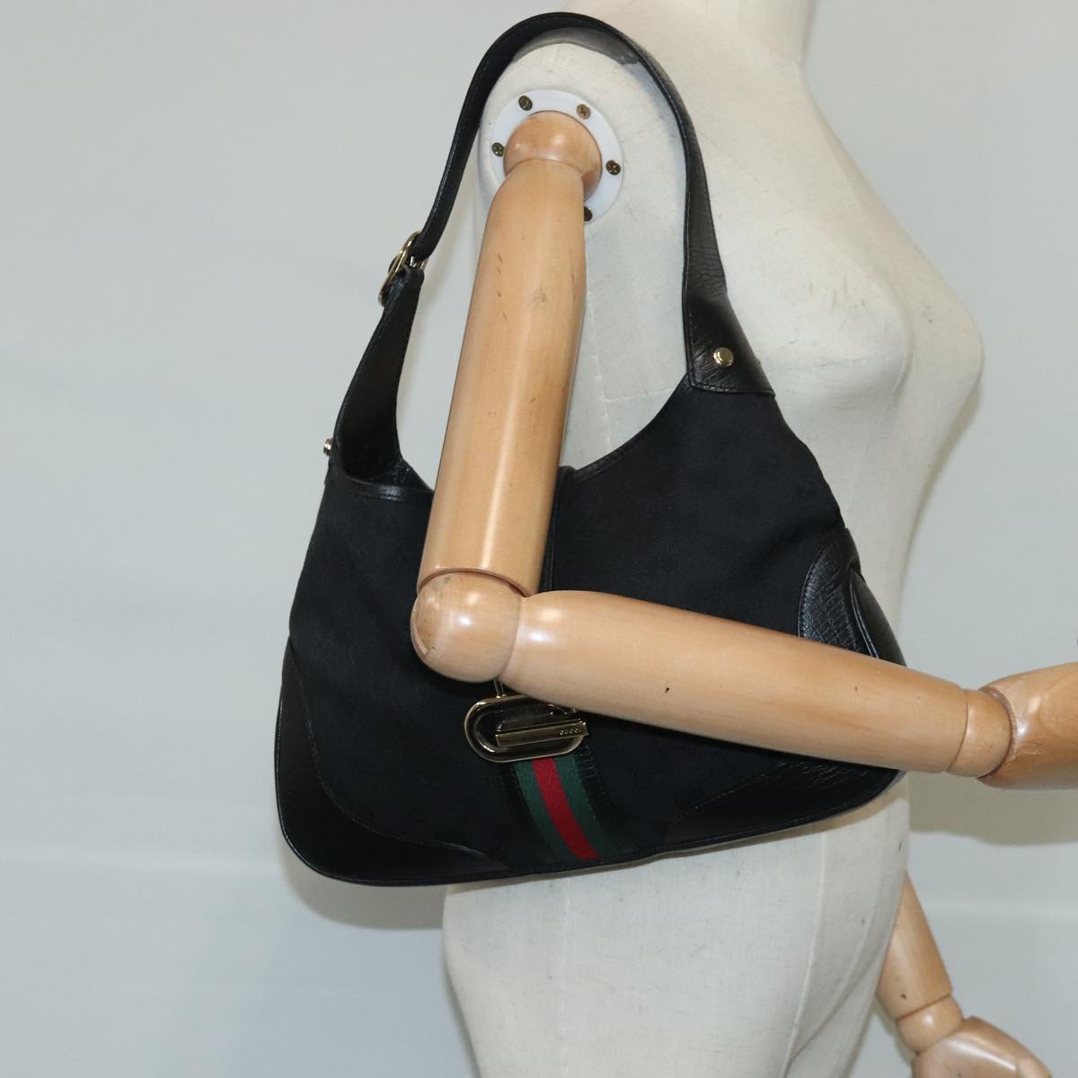 GUCCI GG Canvas Jackie Web Sherry Line Shoulder Bag Black 130779 Auth yk16087A