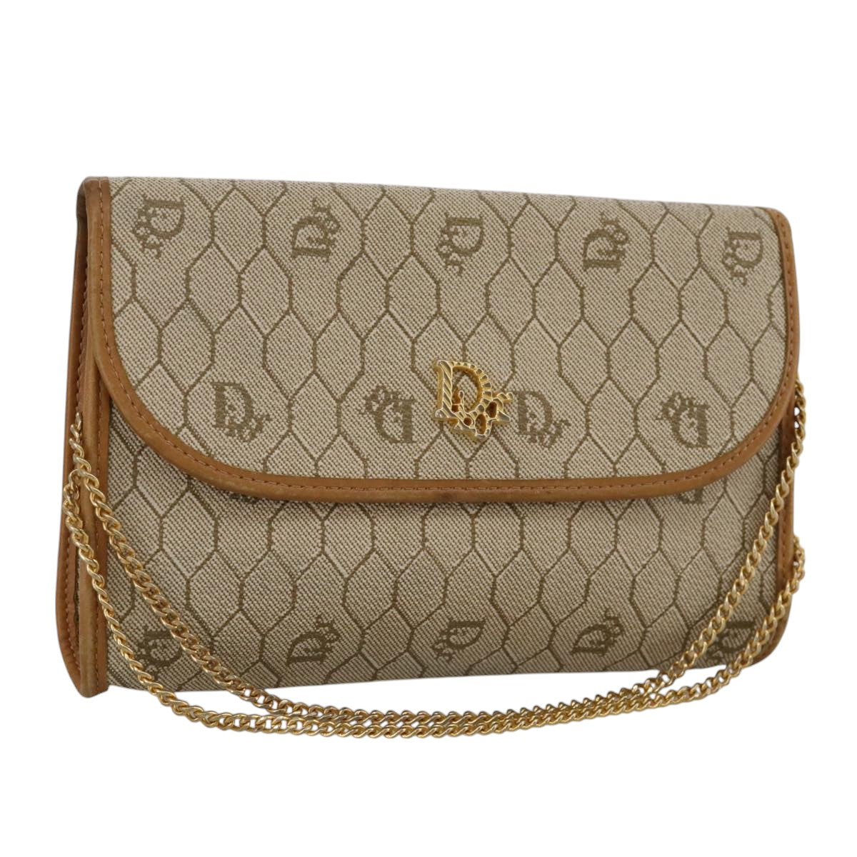 Christian Dior Honeycomb Canvas Chain Shoulder Bag Beige Gold Auth yk16096