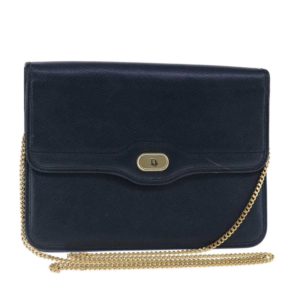 Christian Dior Chain Shoulder Bag Leather Navy Gold Auth yk16101