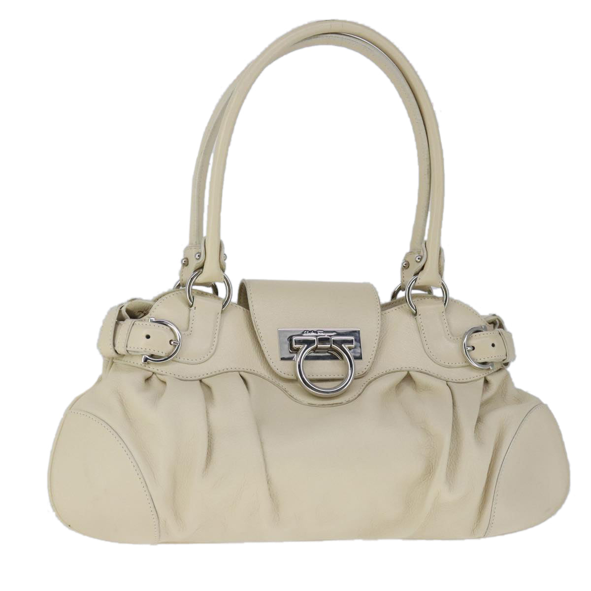 Salvatore Ferragamo Gancini Hand Bag Leather Beige Silver Auth yk16104