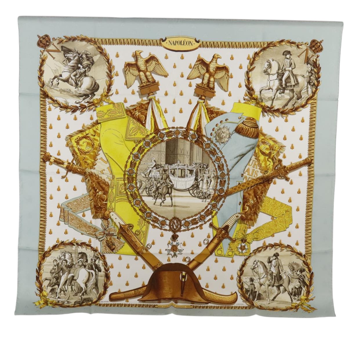 HERMES Carre 90 Scarf ""NAPOLEONY"" Silk Light Blue Brown Auth yk16105