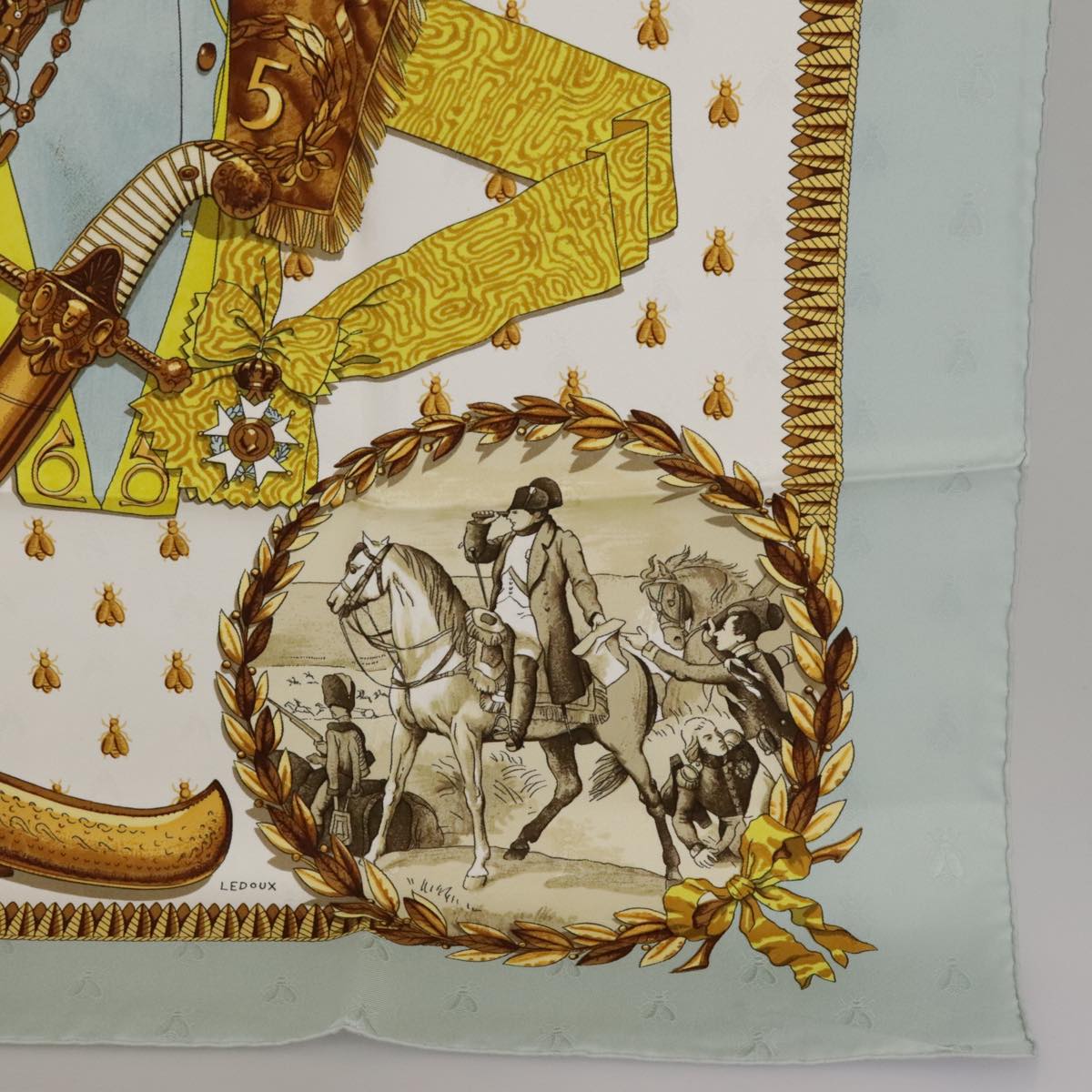 HERMES Carre 90 Scarf ""NAPOLEONY"" Silk Light Blue Brown Auth yk16105