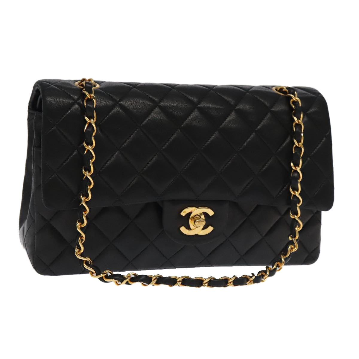 CHANEL Matelasse 25 Double Flap Hand Bag Lamb Skin Black Gold CC Auth yk16193AV