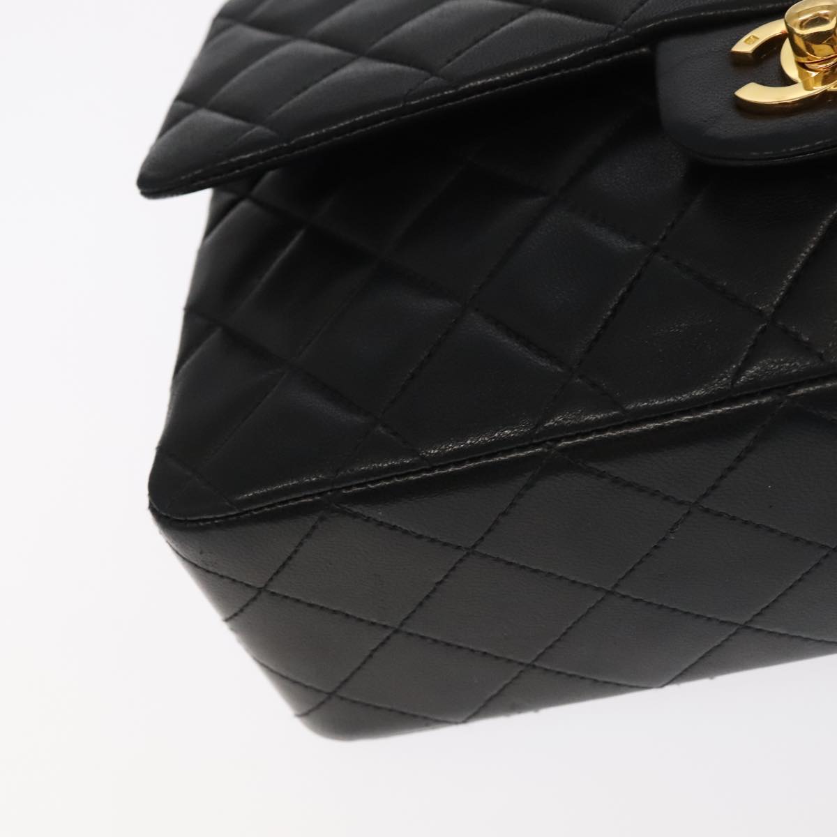 CHANEL Matelasse 25 Double Flap Hand Bag Lamb Skin Black Gold CC Auth yk16193AV
