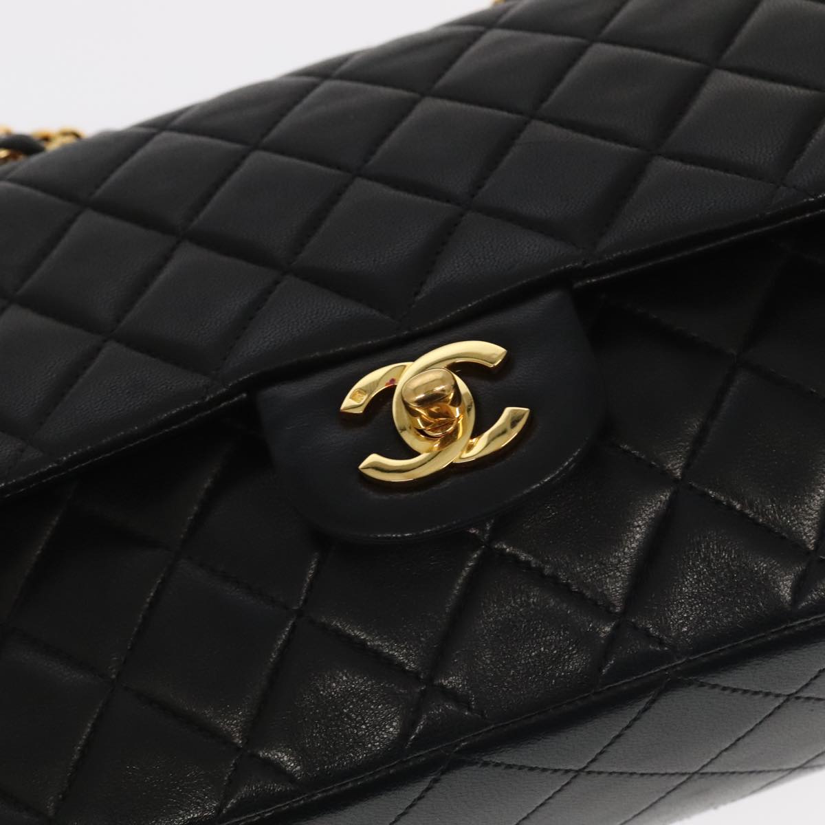 CHANEL Matelasse 25 Double Flap Hand Bag Lamb Skin Black Gold CC Auth yk16193AV