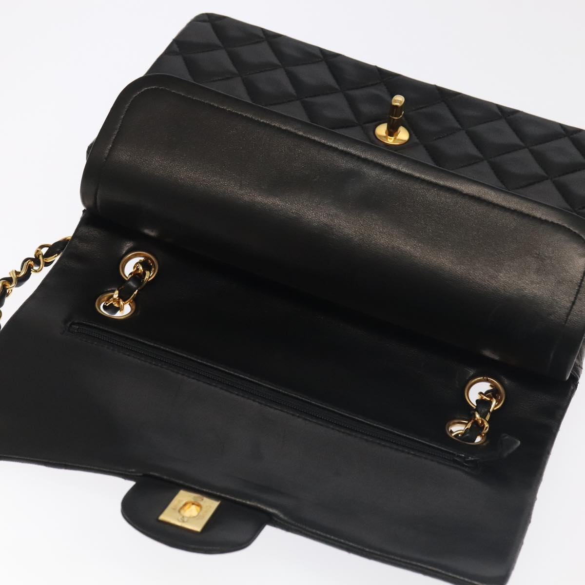 CHANEL Matelasse 25 Double Flap Hand Bag Lamb Skin Black Gold CC Auth yk16193AV