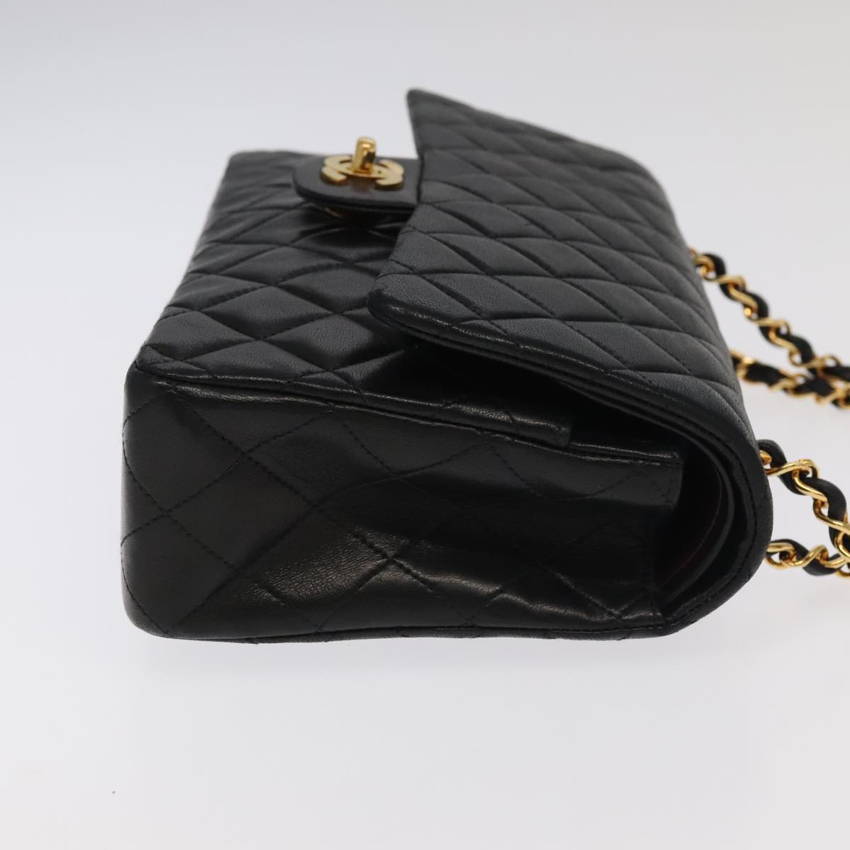 CHANEL Matelasse 25 Double Flap Hand Bag Lamb Skin Black Gold CC Auth yk16193AV