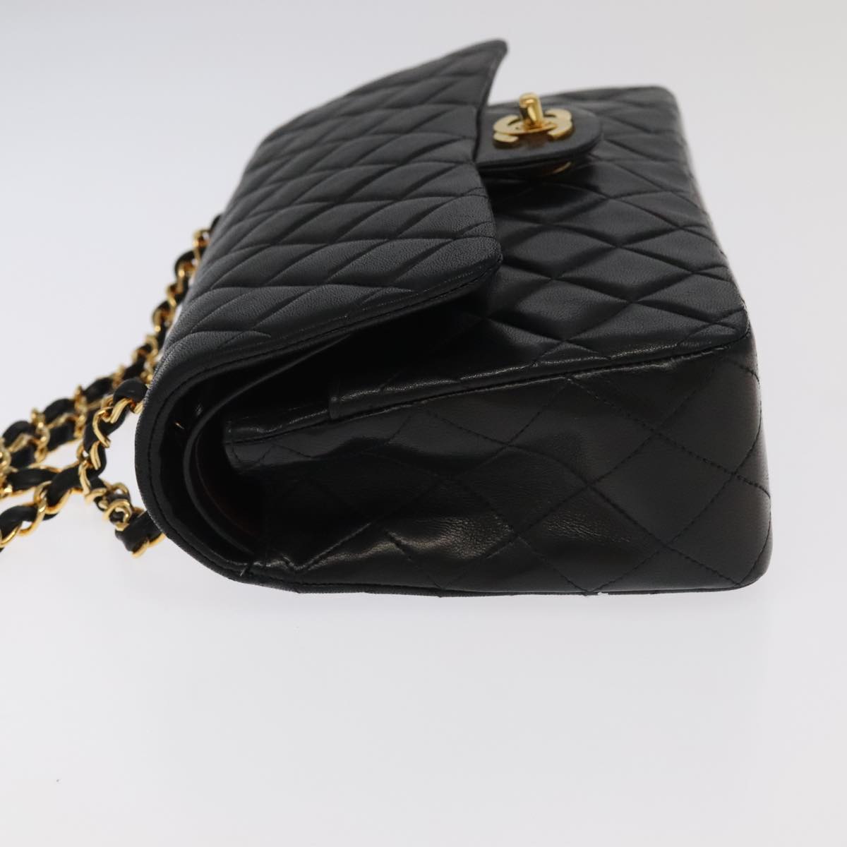 CHANEL Matelasse 25 Double Flap Hand Bag Lamb Skin Black Gold CC Auth yk16193AV