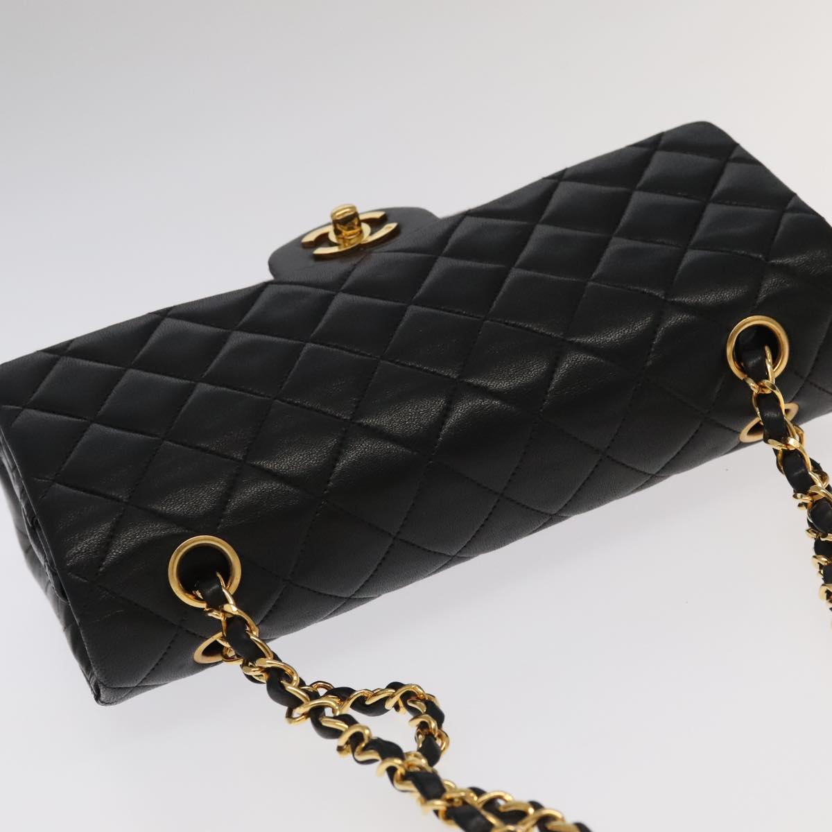 CHANEL Matelasse 25 Double Flap Hand Bag Lamb Skin Black Gold CC Auth yk16193AV