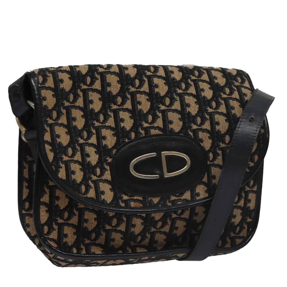 Christian Dior Trotter Canvas Hand Bag Navy Beige Gold Auth yk16224