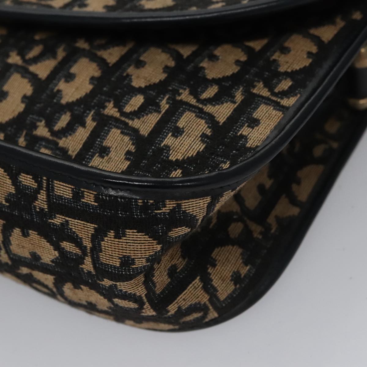 Christian Dior Trotter Canvas Hand Bag Navy Beige Gold Auth yk16224